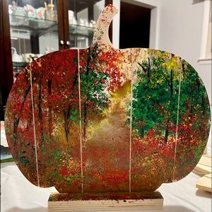 FALL SCENE PAINTED ON A WOOD PUMPKIN